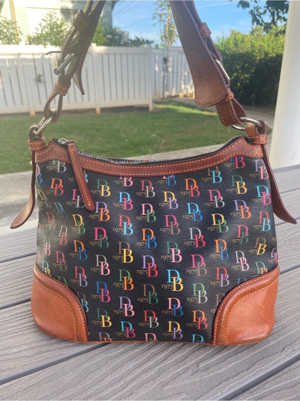 Dooney & Bourke Black Multicolor DB Logo Canvas Shoulder Bag with Brown Trim